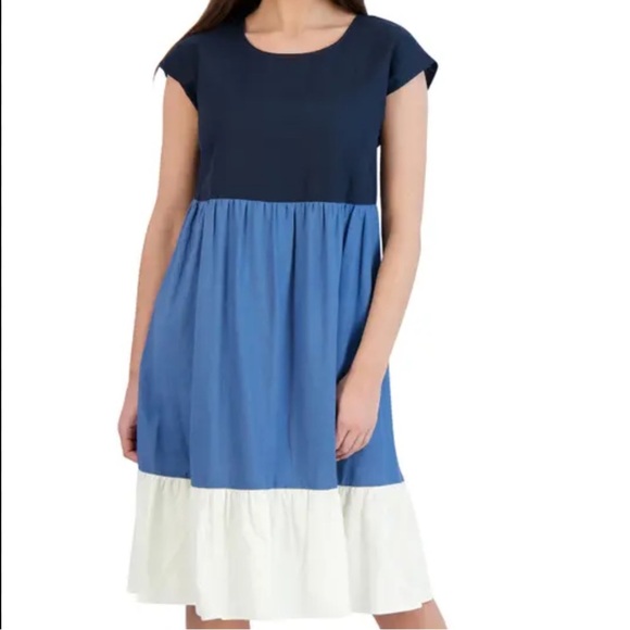 52SEVEN Colorblock Cap Sleeve Linen Blend Dress In Denim Combo Size XL - Picture 1 of 5